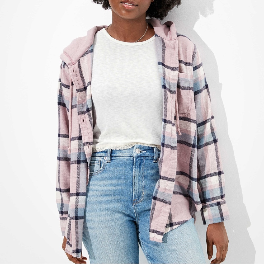 Ae plaid hooded button up shirt